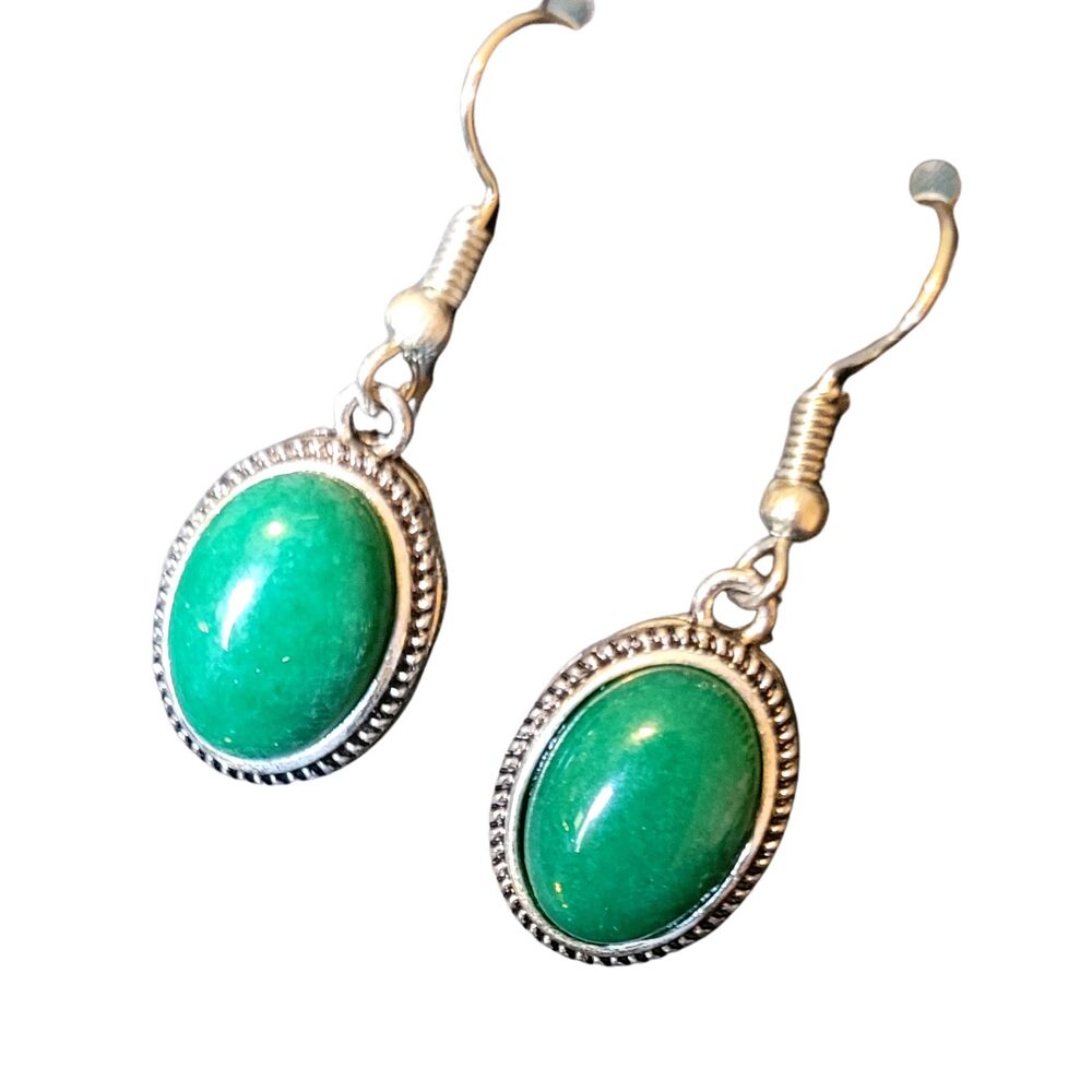 Natural Malachite Approximately 1" Oval Stone French Wire Silver Alloy Earrings